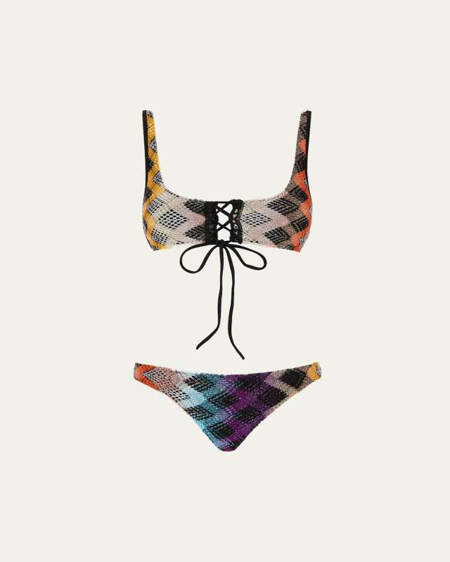 Lace-Up Metallic Knit Two-Piece Swimsuit